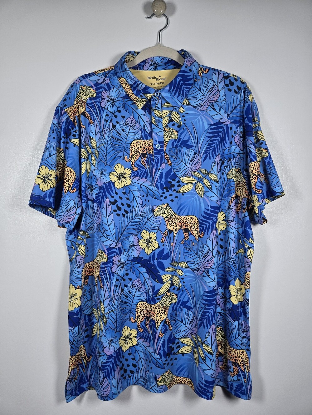 Birdie Bound Blue Floral Jungle Cheetah Leopard Print Golf Polo Shirt Size XL